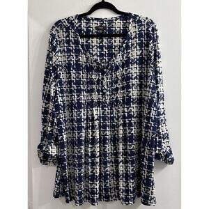Cocomo‎ Popover Blouse Size 2X Popover Navy White Ivory Plaid V Neck 3D Print